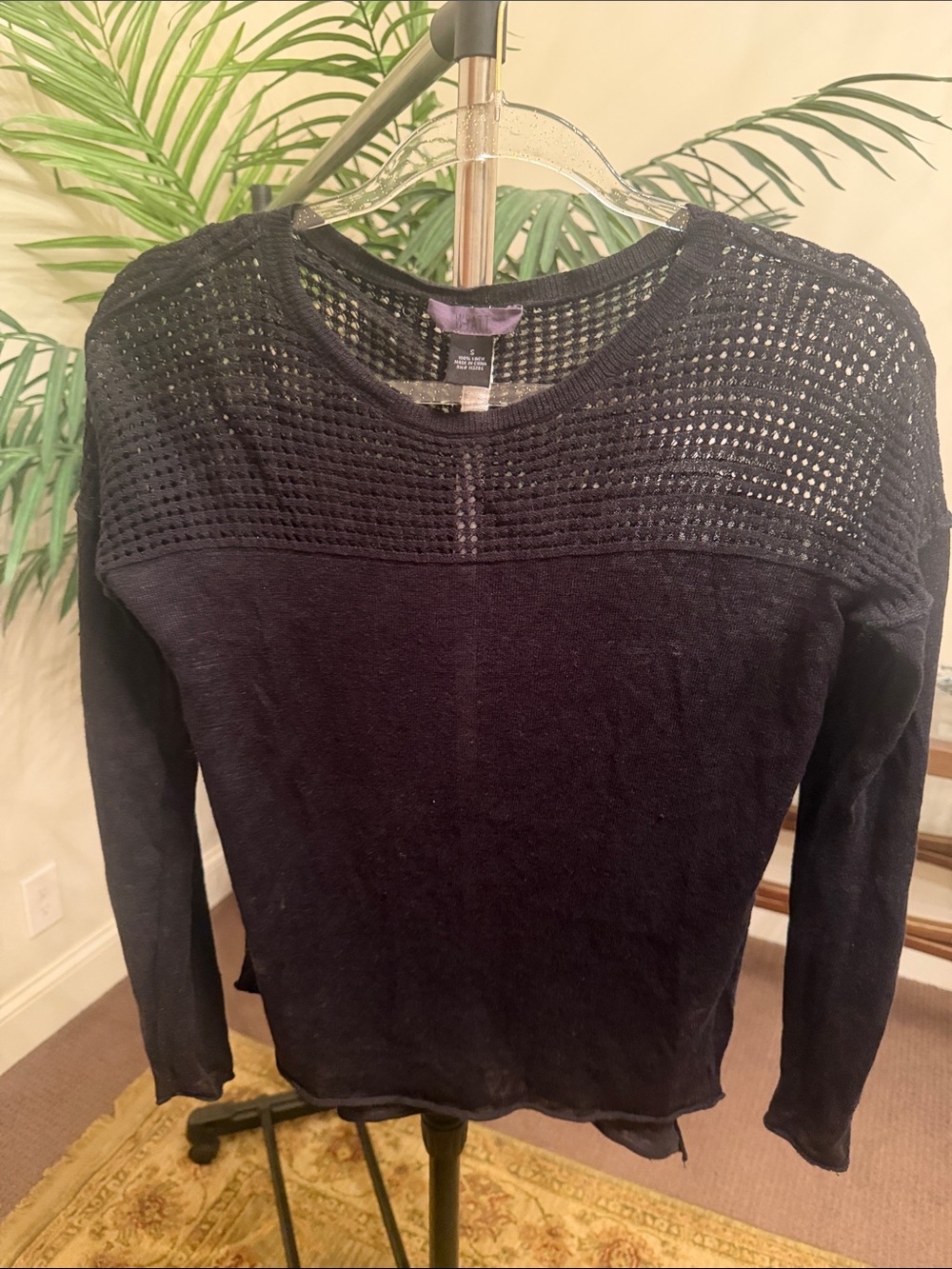 Black Open-Knit Yoke Crewneck Sweater